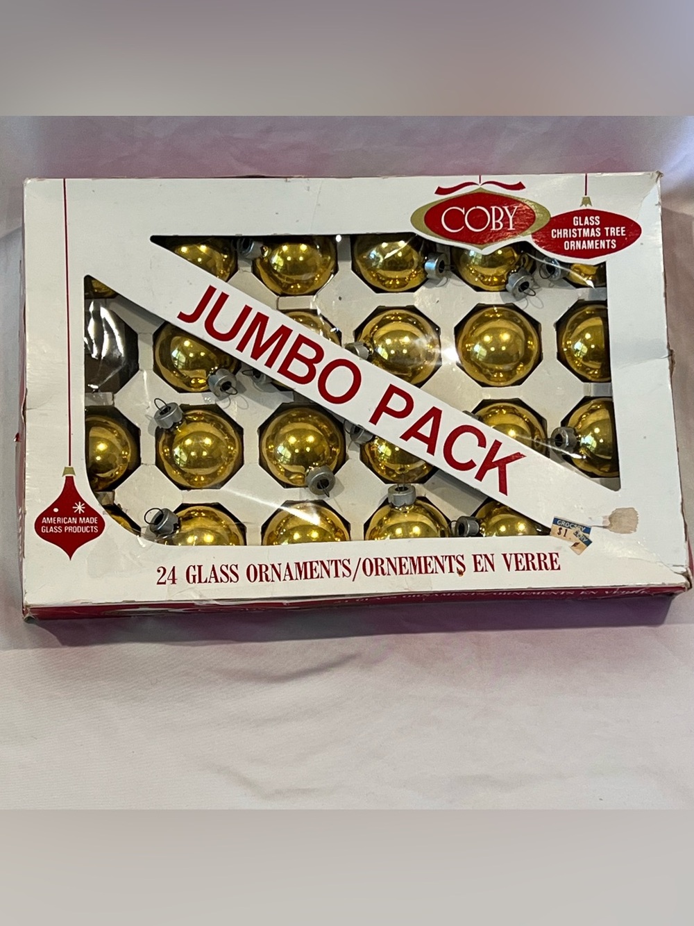 Vintage Coby Gold Glass Christmas Ornaments Jumbo Pack 23/24 USA